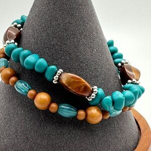 Set of Vintage 90s Faux Turquoise and Stone Beaded Stretch Bracelets
